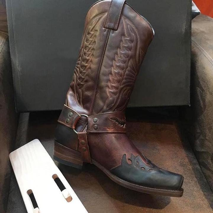 Squared-toe Carved Cowboy Boots Motorcycle Boots
